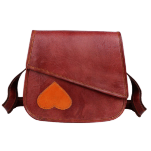Mirevia Handmade Brown Leather Sling Bag with Orange Heart Patch