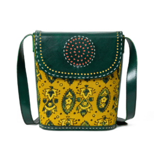 Mirevia Handcrafted Green & Mustard Leather Sling Bag