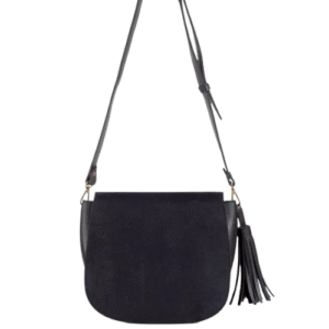 Mirevia Black Suede Crossbody Bag with Leather Tassel – Adjustable Strap