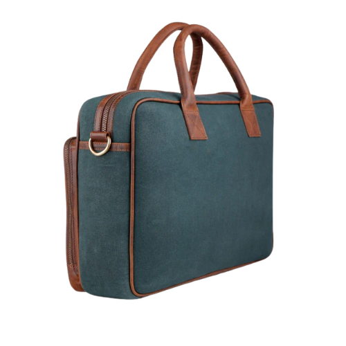 Mirevia Vintage Green Canvas & Brown Leather Laptop Bag - Image 3