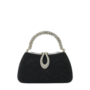 Mirevia Regal Black Evening Clutch with Crystal Handle