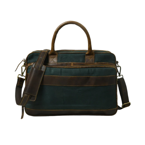 Mirevia Heritage Dark Green Canvas & Brown Leather Laptop Bag