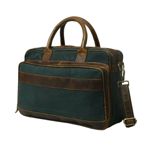Mirevia Heritage Dark Green Canvas & Brown Leather Laptop Bag - Image 2