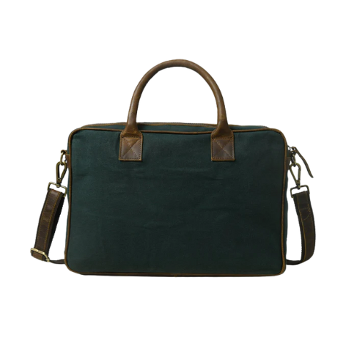 Mirevia Heritage Dark Green Canvas & Brown Leather Laptop Bag - Image 3