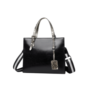 Mirevia Sleek Black Tote Bag with Snake-Print Handles & Striped Shoulder Strap
