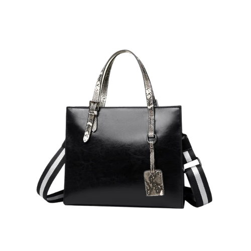 Mirevia Sleek Black Tote Bag with Snake-Print Handles & Striped Shoulder Strap
