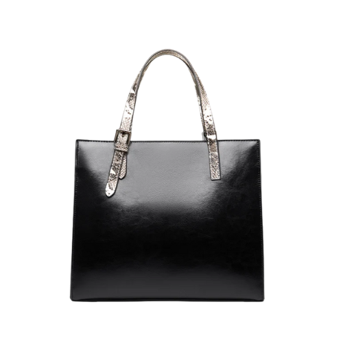 Mirevia Sleek Black Tote Bag with Snake-Print Handles & Striped Shoulder Strap - Image 3