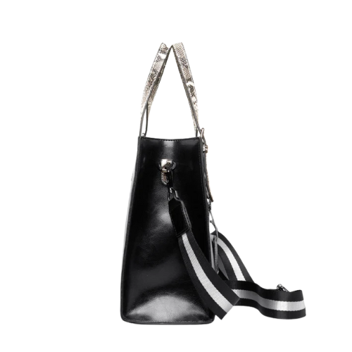 Mirevia Sleek Black Tote Bag with Snake-Print Handles & Striped Shoulder Strap - Image 2