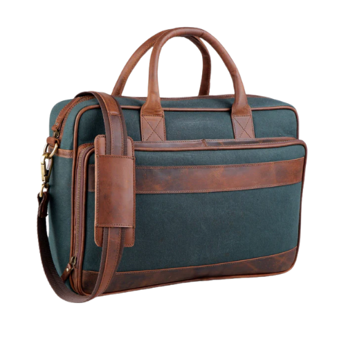 Mirevia Vintage Green Canvas & Brown Leather Laptop Bag - Image 2